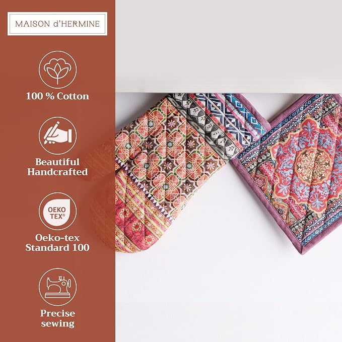 Maison d' Hermine 100% Cotton Oven Mitt & Pot Holder Set (7.5"x13" & 8"x8") | Heat Resistant BBQ Cooking Gloves with Loop Baking Grilling Kitchen Hotel Home Farmhouse Thanksgiving Christmas - Ispahan