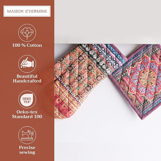 Maison d' Hermine 100% Cotton Oven Mitt & Pot Holder Set (7.5"x13" & 8"x8") | Heat Resistant BBQ Cooking Gloves with Loop Baking Grilling Kitchen Hotel Home Farmhouse Thanksgiving Christmas - Ispahan