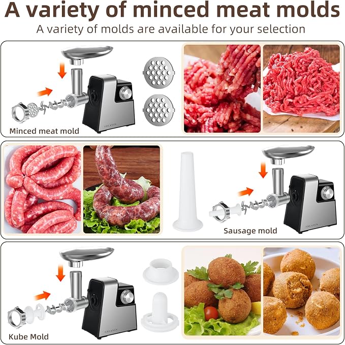 Electric Meat Grinder, 350W （MAX2800W）Heavy Duty Stainless Steel Food Grinder with Sausage Stuffer Tubes & Kubbe Kit, 3 Grinding Plates for Home Kitchen Use