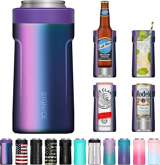 Universal Can Cooler - Signice 3 in 1 Insulated 12 oz Beer Can Insulator Stainless Steel Metal Holder for 12oz Slim Skinny Tall Standard Cans Bottle Hard Seltzer Soda Energy Drinks (Aurora)