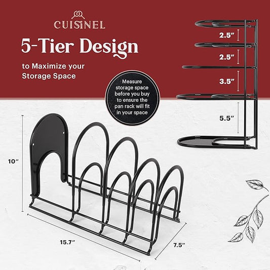 Cuisinel Pan Organizer - Silicone-Coated Non-Slip 15" Heavy Duty Skillet Rack - Kitchen Counter/Cabinet Organization Storage - Cookie Sheet, Cutting Board, Cast Iron Cookware, Pots, Lid Stand/Holder