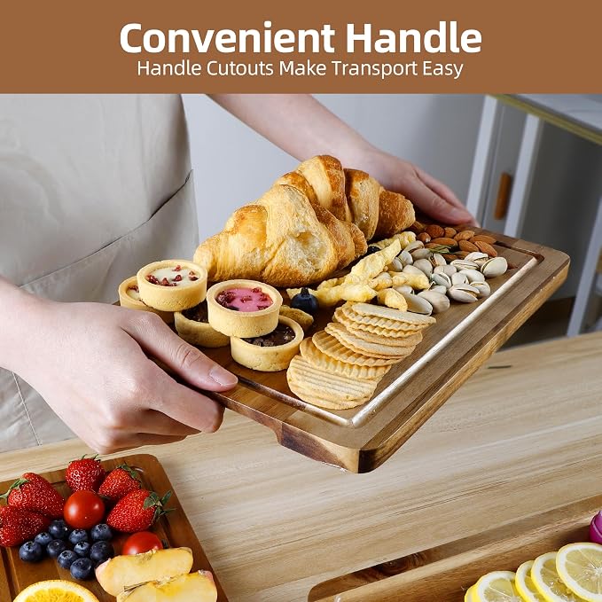 Labeled Cutting Board Set of 4, Wood Chopping Boards with Food Icons | Charcuterie Board Serving Tray with Juice Groove & Handles, Ideal for Meat, Vegetables, Fruits, Cheese