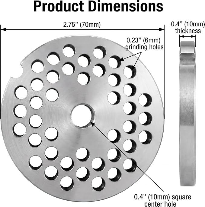 #12 Meat Grinder Plate for LEM, Hobart, Cabelas, Weston – 6mm Hole Plate, 2.75" Heavy Duty Stainless Steel Replacement Disc for Standard #12 Grinders