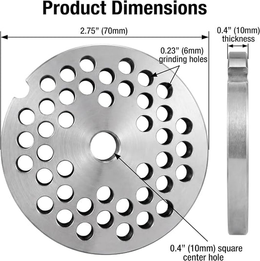 #12 Meat Grinder Plate for LEM, Hobart, Cabelas, Weston – 6mm Hole Plate, 2.75" Heavy Duty Stainless Steel Replacement Disc for Standard #12 Grinders
