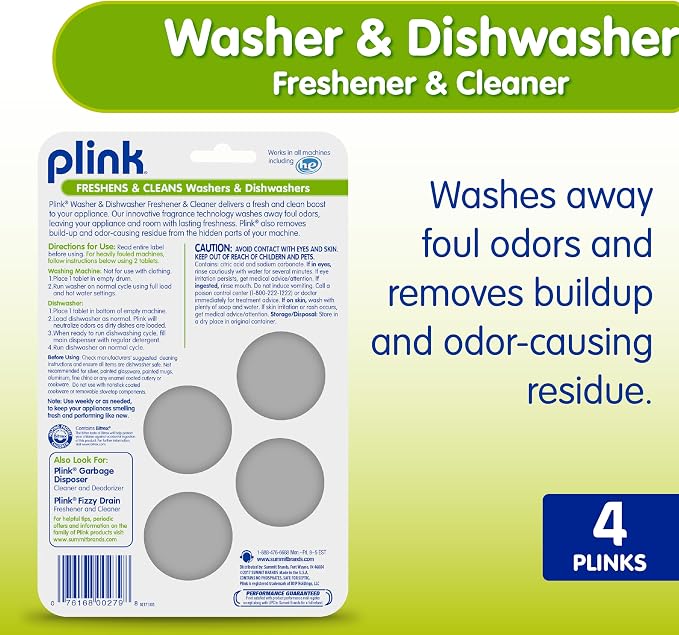 Plink Washer and Dishwasher Freshener and Cleaner, Prevents Residue, Removes Odors in Kitchen and Laundry Room Appliances, Septic-Friendly, Fresh Lemon Scent, 2 Packs of 4, 8 Tablets Total