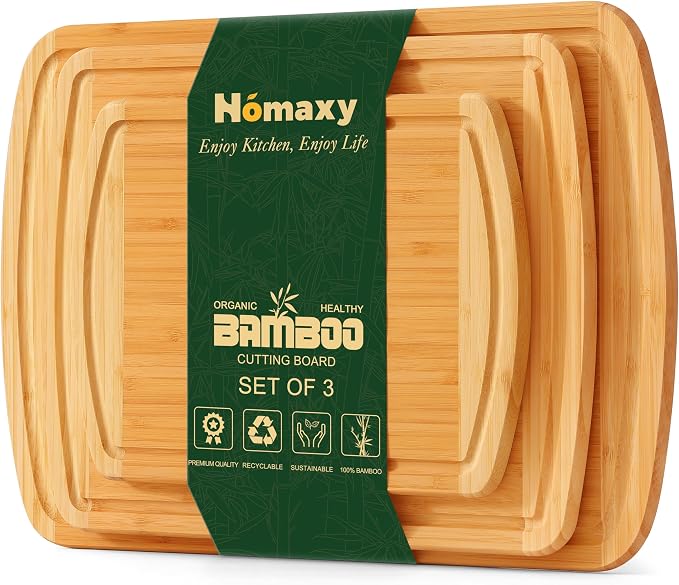 Homaxy Bamboo Cutting Boards for Kitchen Set of 3, Two-Tone | Wood Cutting Board with Juice Groove, Butcher Block Chopping Board for Kitchen, Meat, Fruit & Vegetables, Pre Oiled