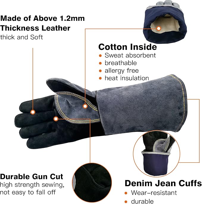 WZQH 14 In,932℉,Welding Gloves,Fireplace Glove,Fire & Heat Resistant,M | Mitt for BBQ,Oven,Grill,Tig,Mig,Baking,Furnace,Stove,Pot Holder,Animal Handling Glove, Forge,etc.Leather,Medium,Black-gray