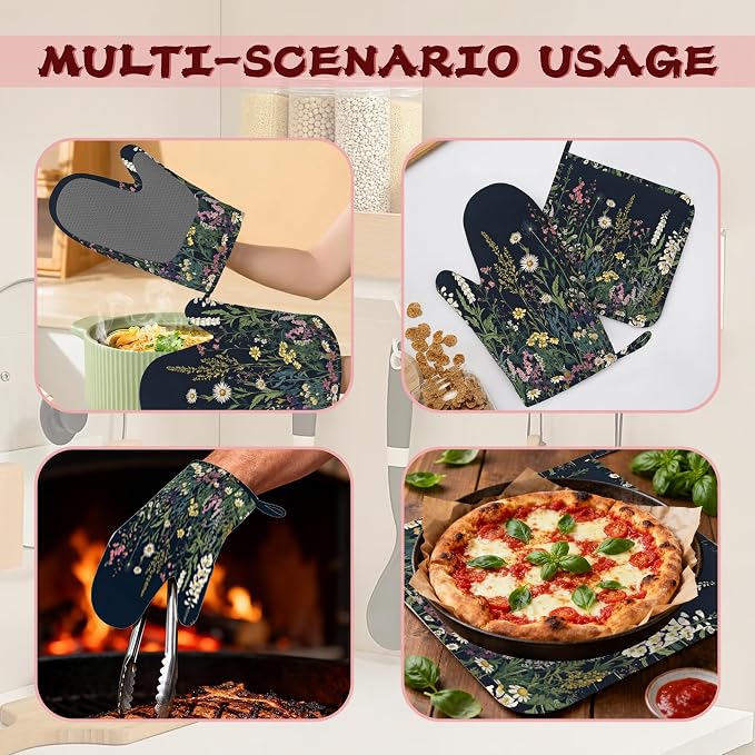 Wildflower Spring Floral Garden Flowers Oven Mitts and Pot Holders (4PCS),Heat Resistant Non-Slip Silicone Kitchen Gloves for Cooking, Baking, BBQ Waterproof Kitchen Accessories