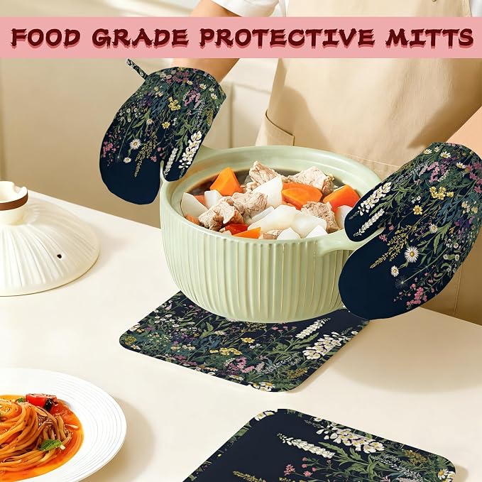 Wildflower Spring Floral Garden Flowers Oven Mitts and Pot Holders (4PCS),Heat Resistant Non-Slip Silicone Kitchen Gloves for Cooking, Baking, BBQ Waterproof Kitchen Accessories