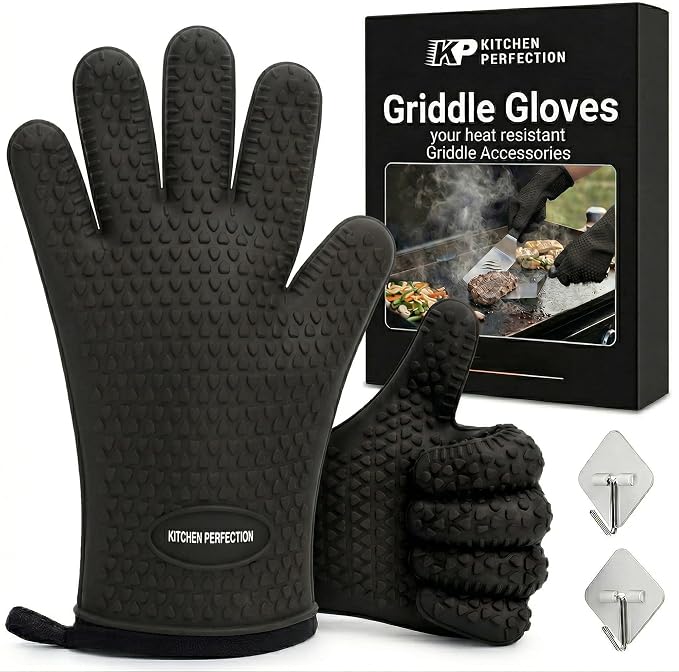 KITCHEN PERFECTION Silicone Griddle Grill Gloves Heat Resistant Oven Mitts | Waterproof, 5-Finger Design For A Better Grip, Best Griddle Grilling Accessories, Compatible with Blackstone, Weber & More