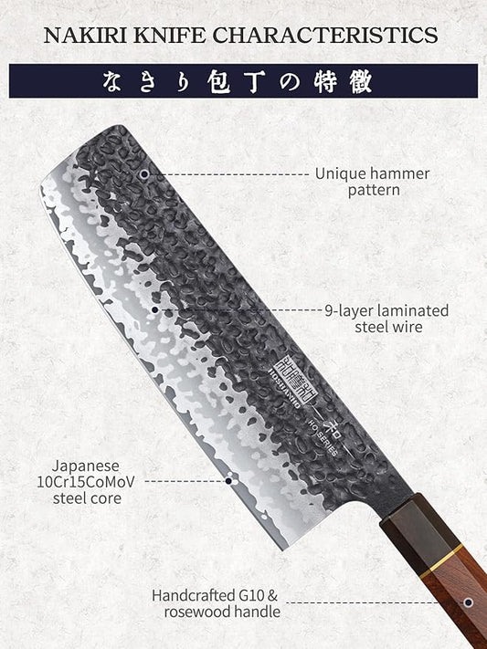 HOSHANHO 7 Inch Nakiri Knife, Japanese Hand Forged Asian Chopping Chef Knife, Professional Meat Vegetable Cleaver Kitchen Knife with Ergonomic Handle