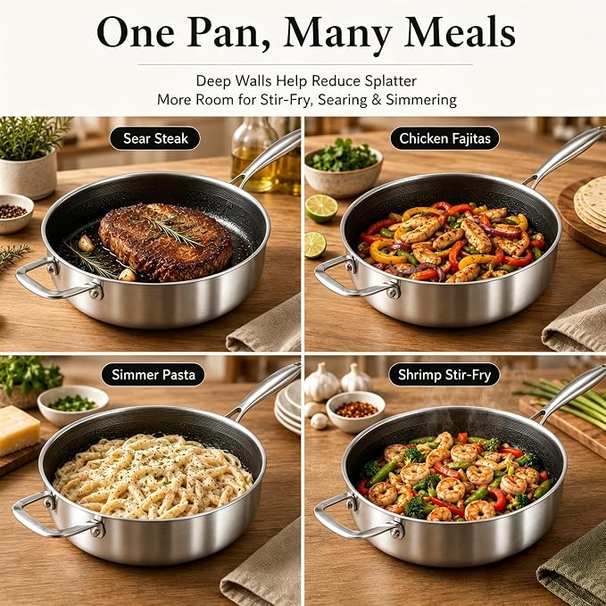 DELARLO Tri-Ply Hybrid Stainless Steel 10 Inch Saute Pan,3QT Chef Cooking Pan,Anti-Scratch,Compatible with All Cooktops,Oven Up to 660℉,Chicken Fryer,Dishwasher-Friendly（Detachable handle）
