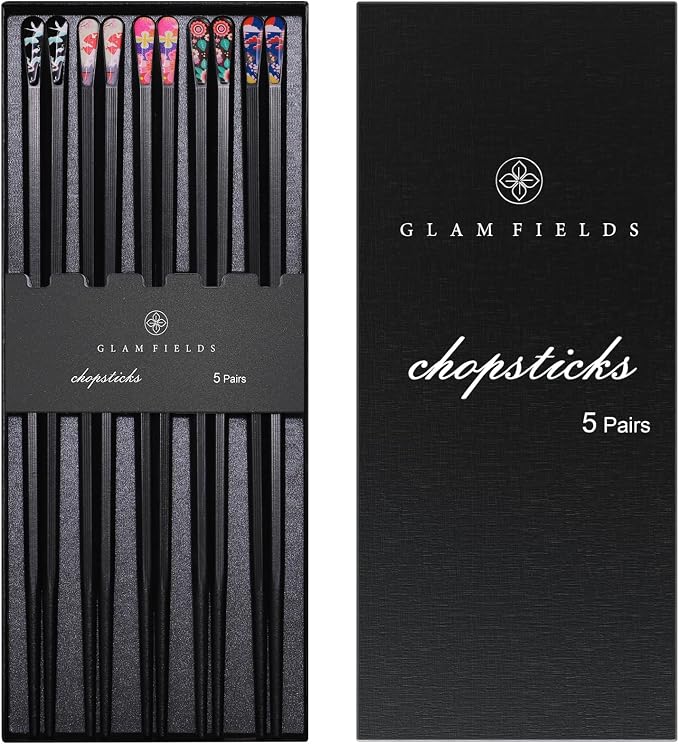 GLAMFIELDS 5 Pairs Premium Chopsticks Reusable Dishwasher Safe 9.5 Inch Fiberglass Chop Sticks Gift Set Hexagon Black Non Slip with the Printed Tops