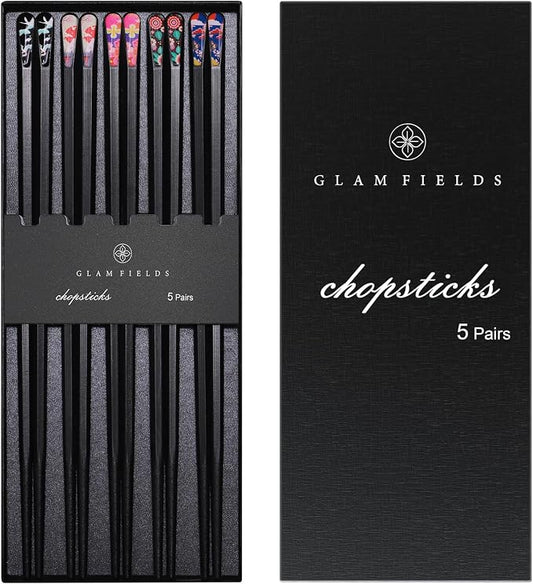 GLAMFIELDS 5 Pairs Premium Chopsticks Reusable Dishwasher Safe 9.5 Inch Fiberglass Chop Sticks Gift Set Hexagon Black Non Slip with the Printed Tops