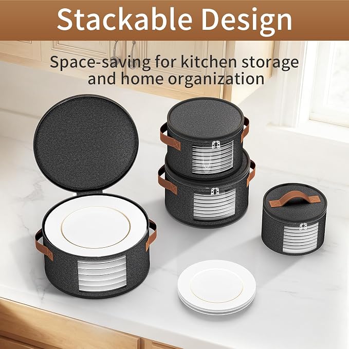 4-Piece Set China Storage Containers, Dish Storage with Clear Windows, Hard Shell Plate Storage Containers with Handles, Stackable Sturdy Dish Packing Supplies for Moving & Protection, Dark Gray