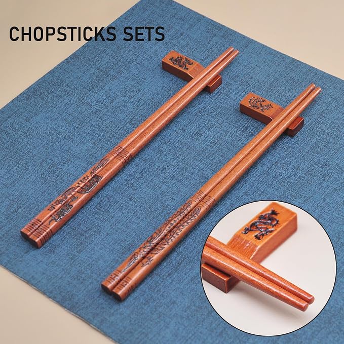 Dragon & Phoenix Reusable Chopsticks Set with Holders - Wooden Chopsticks 2 Pairs for Wedding & Anniversary Gift (Dragon and Phoenix)