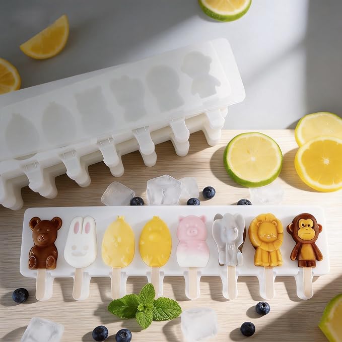 8-Cavity Silicone Popsicle Mold, Animal-Shaped Ice Cream Mold Set, BPA-Free Cake Pop Mold,Suitable for Making Cake Pops, Popsicles, and Cake Popsicles (Animals - White)