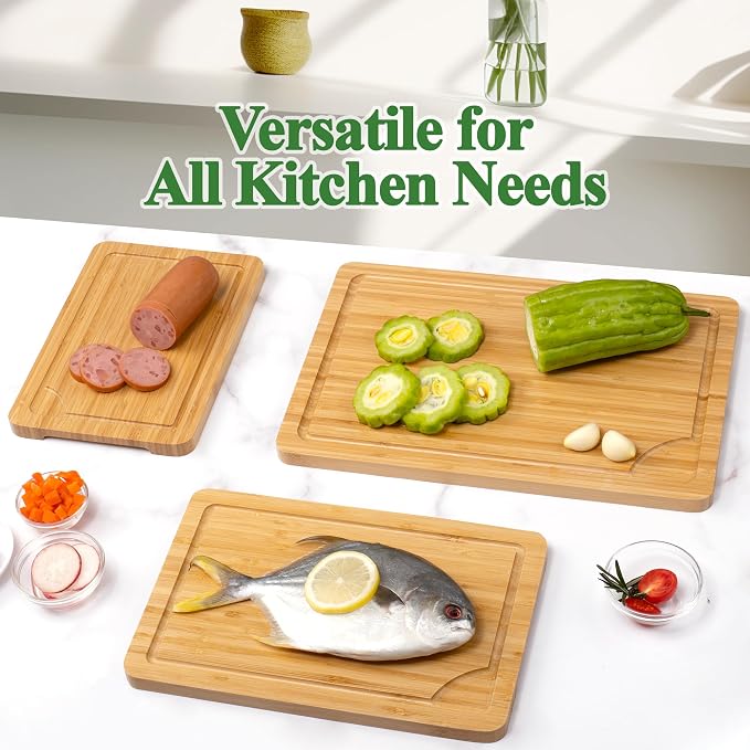 Bamboo Cutting Board Set, 3-Piece Cutting Board with Stand for Kitchen | Different Size, Chopping Board with Juice Groove, Serving Board, Ideal for Meat, Vegetables and Cheese