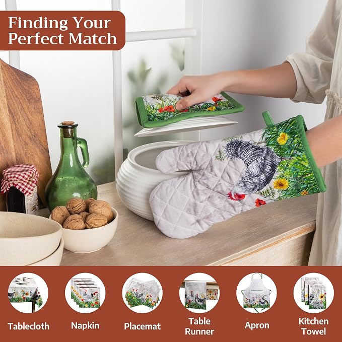 Maison d' Hermine Pot Holders 100% Cotton Potholders (8" x 8", Pack of 2) | Heat Resistant Hot Pads with Loop BBQ Cooking Baking Farmhouse Kitchen Handling Hot Pans Spring Summer - Basse Cour