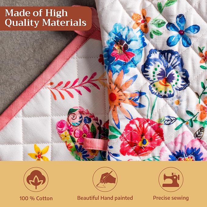Maison d' Hermine 100% Cotton Oven Mitt & Pot Holder Set (7.5"x13" & 8"x8") | Heat Resistant BBQ Cooking Gloves with Loop Baking Kitchen Hotel Home Farmhouse Spring Summer - Happy Florals - High Summer