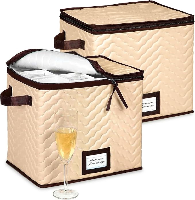 Wine Glass Storage Box with Dividers, Holds 12 Champagne Flute 3" Wide | 2 Pack, Stemware Storage Case, Protects Fine China, Durable Quilted Microfiber, Carry Handles, Ideal for Champagne Flute
