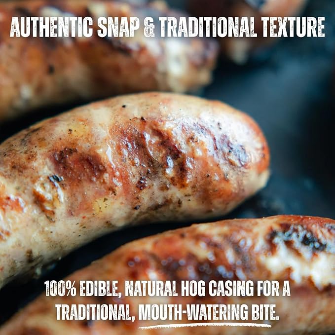 Bearded Butchers Natural Hog Sausage Casings 32-35mm, Edible Pre-Flushed | Stuffs 25-30 lbs, natural snap & bite, resealable brine bag, for bratwurst, Italian sausage, kielbasa, hot dogs, Polish