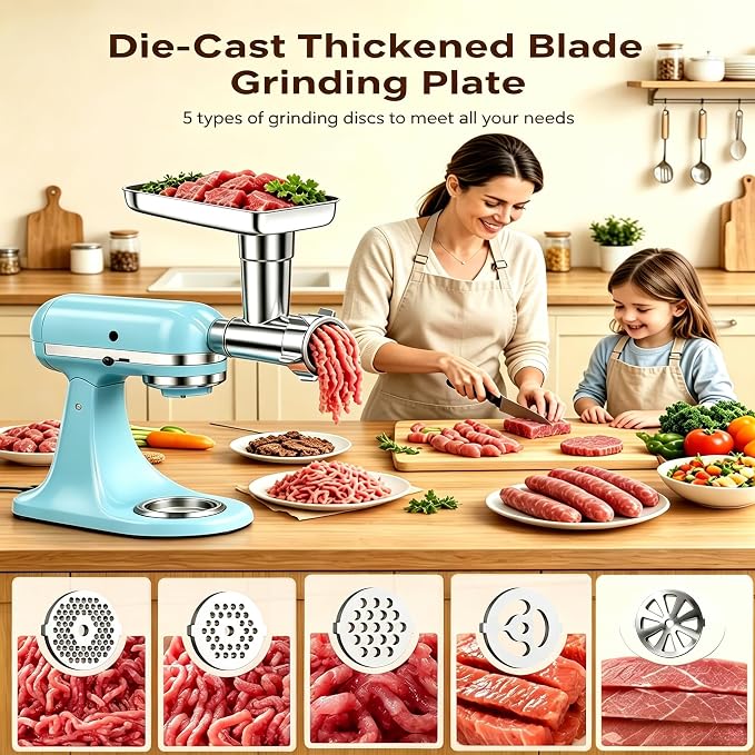 100% Stainless Steel Meat Grinder for KitchenAid Mixer, Dishwasher Safe | Includes 3 Sausage Stuffer Tubes & 4 Grinding Plates, Anti-Corrosion Polished Design（Not include the KitchenAid Mixer）