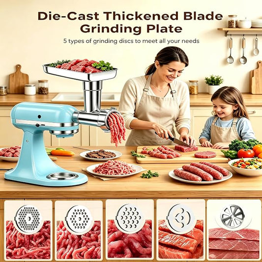 100% Stainless Steel Meat Grinder for KitchenAid Mixer, Dishwasher Safe | Includes 3 Sausage Stuffer Tubes & 4 Grinding Plates, Anti-Corrosion Polished Design（Not include the KitchenAid Mixer）