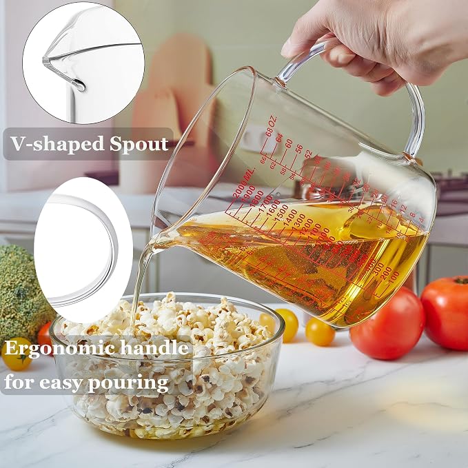 Ackers BORO3.3 Glass Measuring Cup-[Insulated handle | V-Shaped Spout]-Made of High Borosilicate Glass Measuring Cup for Kitchen or Restaurant, Easy to Read, 2000 ML (64 Oz, 8 Cup)