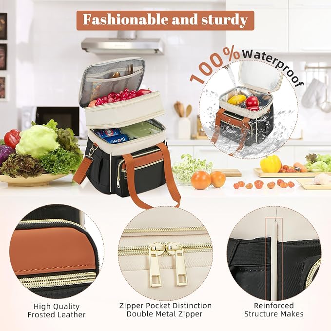 holuxer Insulated Lunch Bag & Lunch Box for Women - Double Deck Reusable Lunch Bag for men Tote Cooler Bag Leakproof Soft Expandable - Large Lunchbox for Work/Adult/Picnic/Outdoor (Coffee Black，15L)