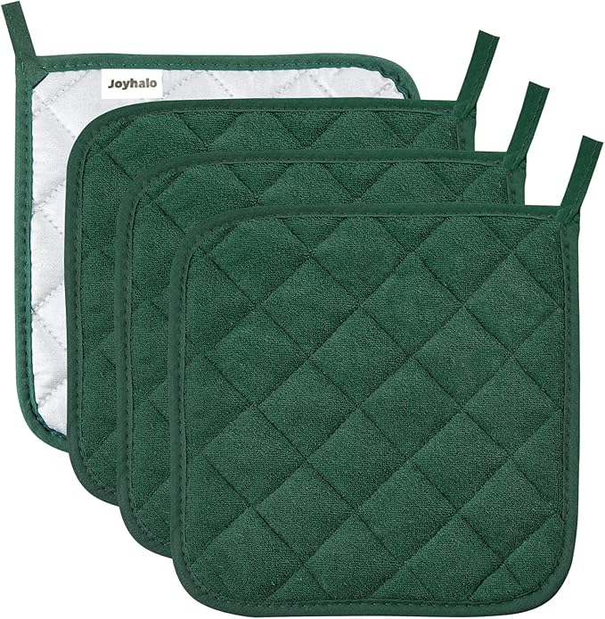 Joyhalo 4 Pack Pot Holders for Kitchen Clearance | Cotton Oven Holder with Great Heat Resistance, Potholders Sets for Kitchen, Countertops, Hot Pots and Pans Dark Green