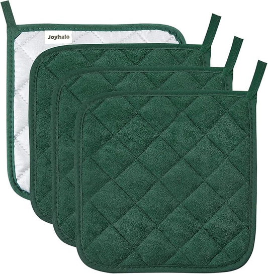Joyhalo 4 Pack Pot Holders for Kitchen Clearance | Cotton Oven Holder with Great Heat Resistance, Potholders Sets for Kitchen, Countertops, Hot Pots and Pans Dark Green