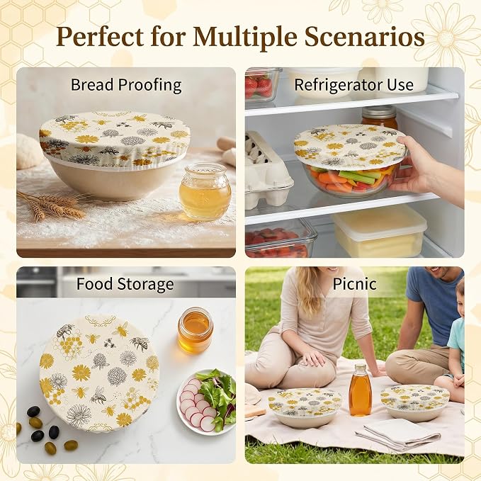 2Pcs Bee Theme Reusable Beeswax Bowl Covers Bread Sourdough Bowl Covers for Proofing Yellow Floral Reusable Elastic Bread Sourdough Cover Wrap Dough Proofing Food Storage Kitchen Baking Supplies