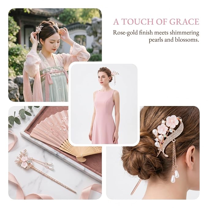 2 Pcs Rhinestone Pearl Flower Hair Stick Chinese Hair Chopsticks Vintage Tassel Hair Pin Chignon Pin Hair Styling Making Accessories for Women