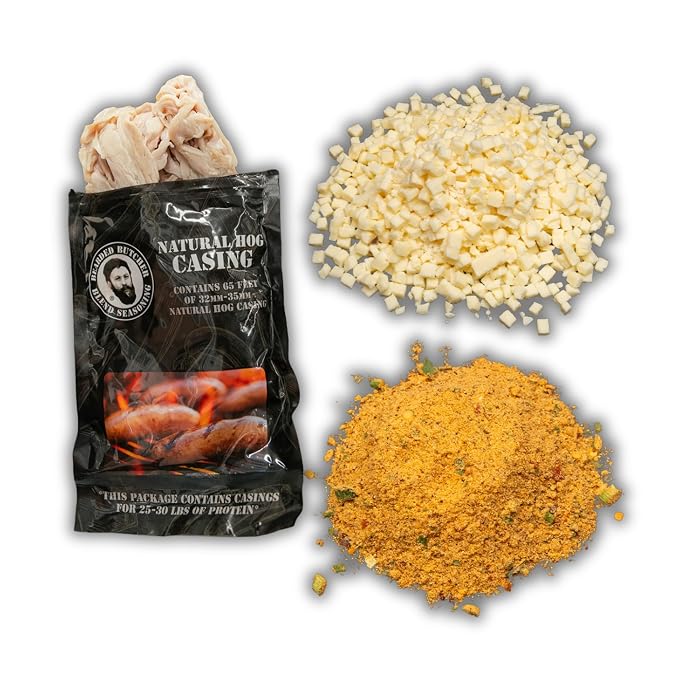 Bearded Butchers Smokin’ Ranchero Bratwurst DIY Kit – Smoky, Spicy & Creamy Brats – Includes Smokin’ Ranchero Seasoning, Mozzarella & 32mm-35mm Natural Hog Casings – Makes Up to 25 lbs Meat