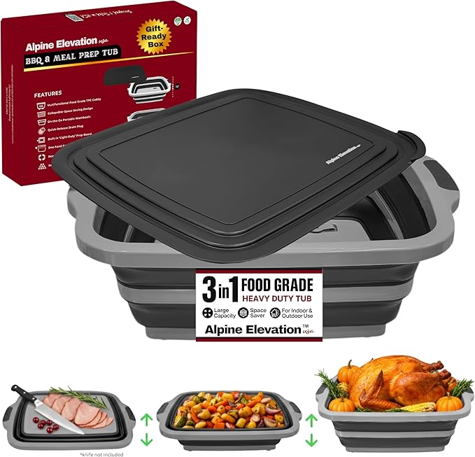 Collapsible X-Large (16L) BBQ Marinating Tub w/ Cutting Board | Multipurpose Food-Grade TPE Prep Tub w/ Lid | Built-In Colander & Drain Plug - For Camping | Tailgate | Picnic - Slate Black