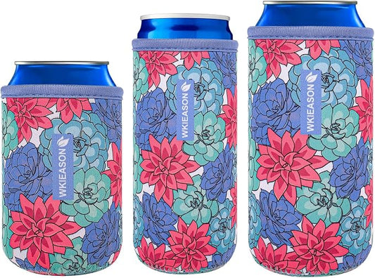 WKieason Neoprene Can Sleeves Insulators Beer Coozies 3 Size - 12OZ Standard Can Sleeve, 12OZ Slim Can Sleeve, 16OZ Standard Can Sleeve, 12OZ Standard Beer Can Coolers Coolier Sleeves(Succulents Set)