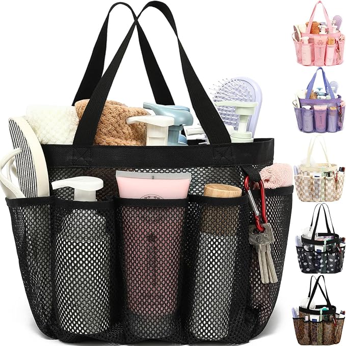 Fammart Mesh Shower Caddy Portable for College Dorm Room Essentials, Odorless Polyester Large Shower Tote Bag with Dual Handles, 8-Pocket Quick-Dry Toiletry Organizer for Travel, Beach, Camping, Gym