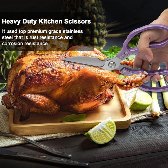 CGBE Kitchen Scissors All Purpose Heavy Duty, Ultra Sharp Stainless Steel Kitchen Shears Dishwasher Safe, Cooking Shears for Chicken, Poultry, Fish, Meat, Herbs & Grapes with Non-Slip Grips - Purple