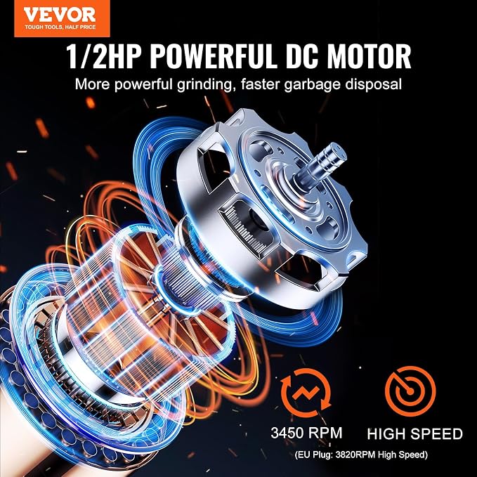VEVOR JW-301 Garbage 1/2HP 3450RPM DC Motor, Continuous Feed Sink Disposer, EZ Connect Food Waste Grinding System with Power Cord and Splash Guard, for Kitchen, Black
