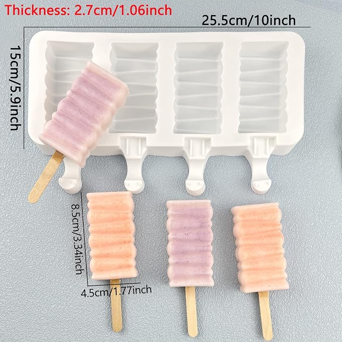 Ice Cream Popsicle Silicone Mold Set of 2, 8-Cavity Chocolate Cake Fondant Molds, Home DIY Popsicle Tools, BPA Free, Reusable and Easy to Clean Homemade Popsicle Maker with 50 Wooden Sticks