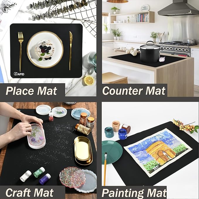 1.5MM Extra Thick Placemats Large Silicone Mat Heat Resistant Table Mat | 28" x 20" Kitchen Countertop Protector, Washable Place Mats Silicone Mats for Kitchen Counter Mat Table Mat, Black, Sapid