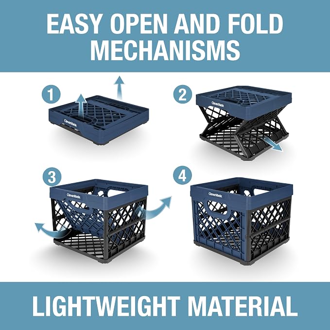 CleverMade Collapsible Milk Crates, 25L, 3 Pack, Holds 50 lb, Ocean | Organize Files, Groceries, and Gear in One Crate | Built-In Rails Hold Letter Folders, While the Frame Stacks Securely