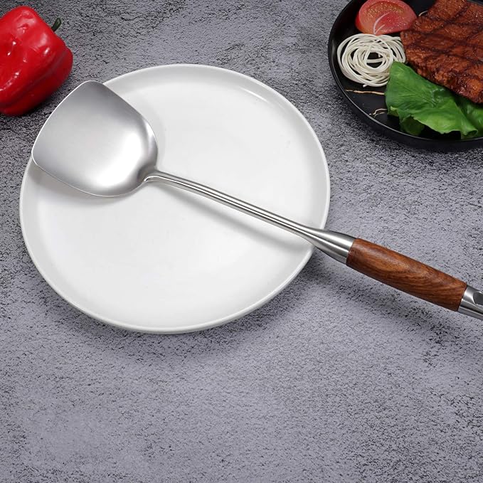 Professional Chinese Wok Spatula, 15.7 In 18/10 Stainless Steel Wok Utensil | with Heat-Resistant Wooden Handle for Stir-Fry & Asian Cooking