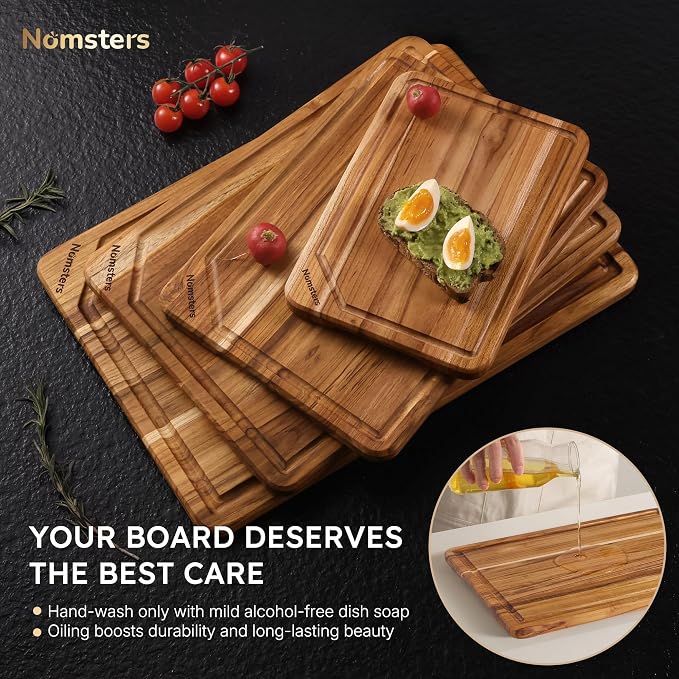 4 Pack Teak Wood Cutting Boards for Kitchen Wooden Chopping Board Non Toxic | Heavy Duty, Charcuterie Board, Serving, Non Slip, Solid Thick Wood, Extra Large Big Small, Meat, House Warming & Hostess Gift