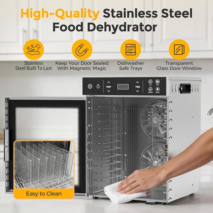 Suteck 800W Food Dehydrator with 12 Trays for Jerky, Fruit, Veg, Meat | Stainless Steel, 4 Presets, Strong Dual Fans & 360° Airflow, 85°F–195°F, 24H Timer, Built-in Light, Quiet