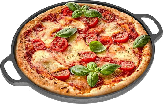 Chef Pomodoro Cast Iron Pizza Pan, 12 Inch, Pre-Seasoned Non-Stick Skillet | Multi-Use Cast Iron Cookware for Dosa Tawa, Roti, Tortilla Comal, Crepes, Oven, Grill, BBQ, and Campfire Cooking