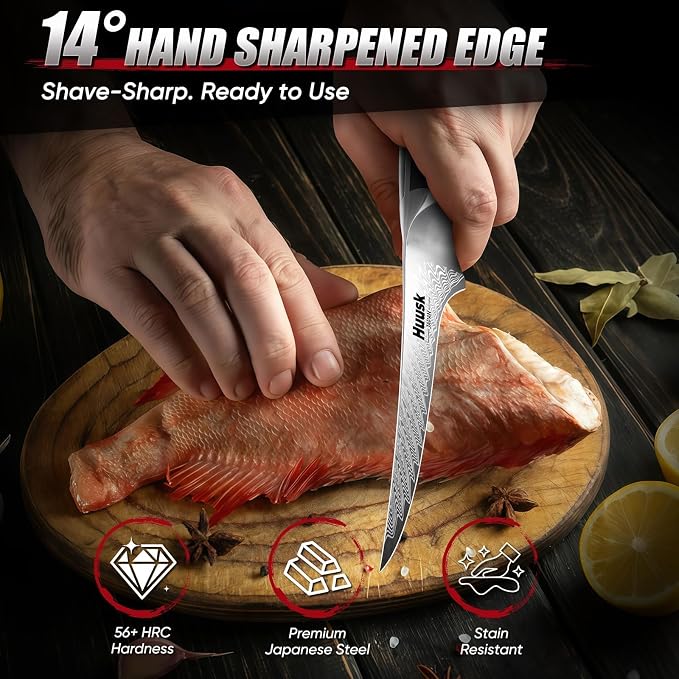 Huusk 7" Fillet Knife for Fish, Boning Knife for Meat, Gift for Chef | Flexible Fish Filleting Knife for Salmon, Ultra Sharp Deboning Knife for Meat Cutting Processing, Stainless Full Tang Blade