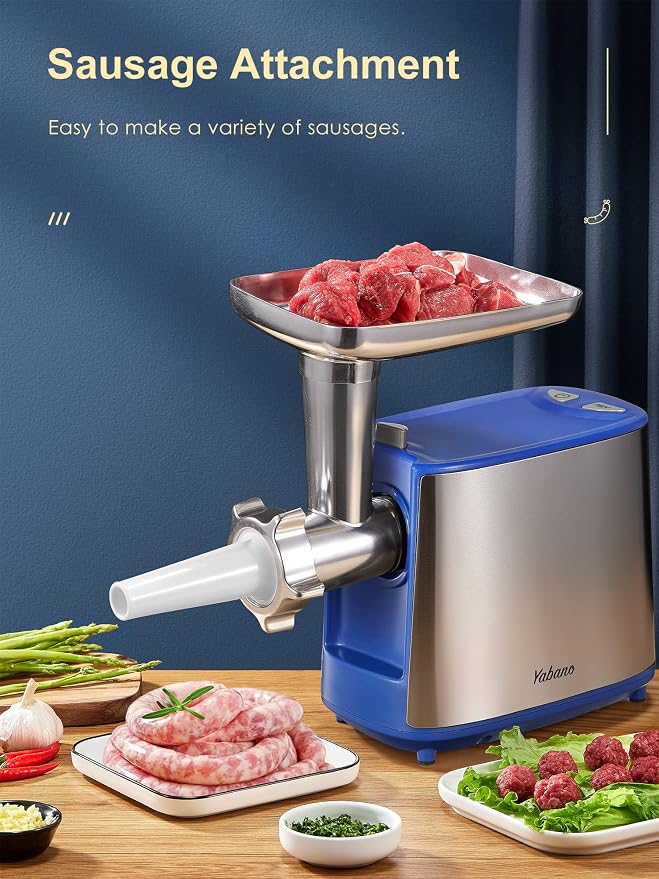 Electric Meat Grinder Heavy Duty Meat Mincer with Sausage Stuffer Kit | Includes Sausage And Kubbe Kit, 2 Grinder Plates, Stainless Steel Parts, Blue Finish, For Home Meat Prep