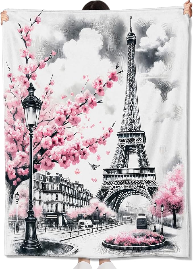 Paris Blanket Gifts for Girls Women,Parisian Eiffel Tower with Pink Cherry Blossom Throw Blankets,Soft Comfy Lightweight for Room Couch Bed Sofa Romantic Decor,France Lover 60x80in
